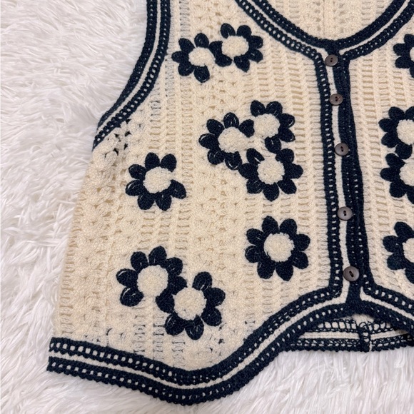 Chip Clip Sweater Vest Navy Blue flower Sweater Vest Cream Button Up knit vest - Picture 3 of 6